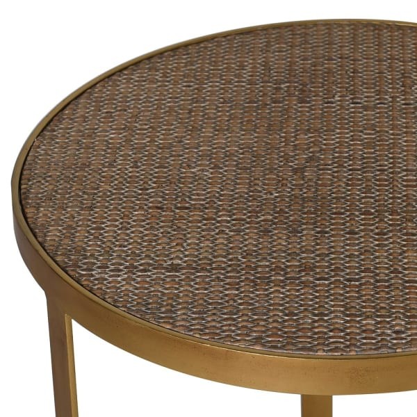 Gold round side tables with glass and rattan detail