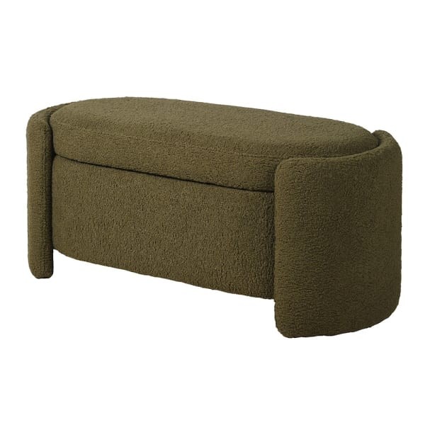 Olive green bouclé upholstered storage bench with lift-up lid