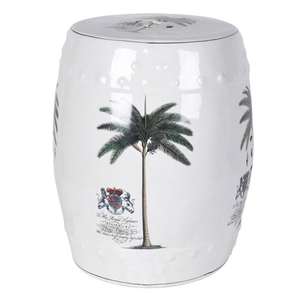White and Green Palm Ceramic Stool, 45 cm