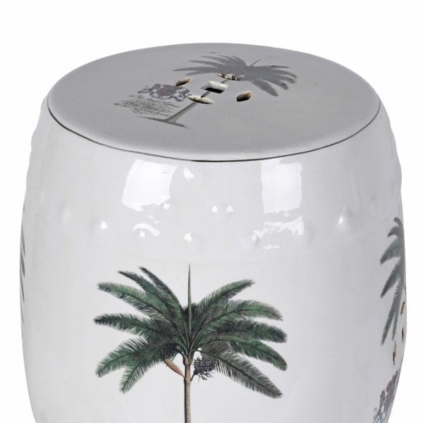 White and Green Palm Ceramic Stool, 45 cm
