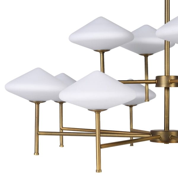 Large gold chandelier with twelve white glass shades