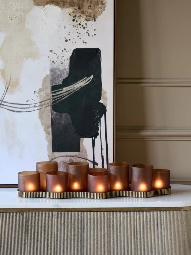 Primrose Multi Candle Holder – 61 cm Iron Base with Nine Glass Shades in Gold and Bronze