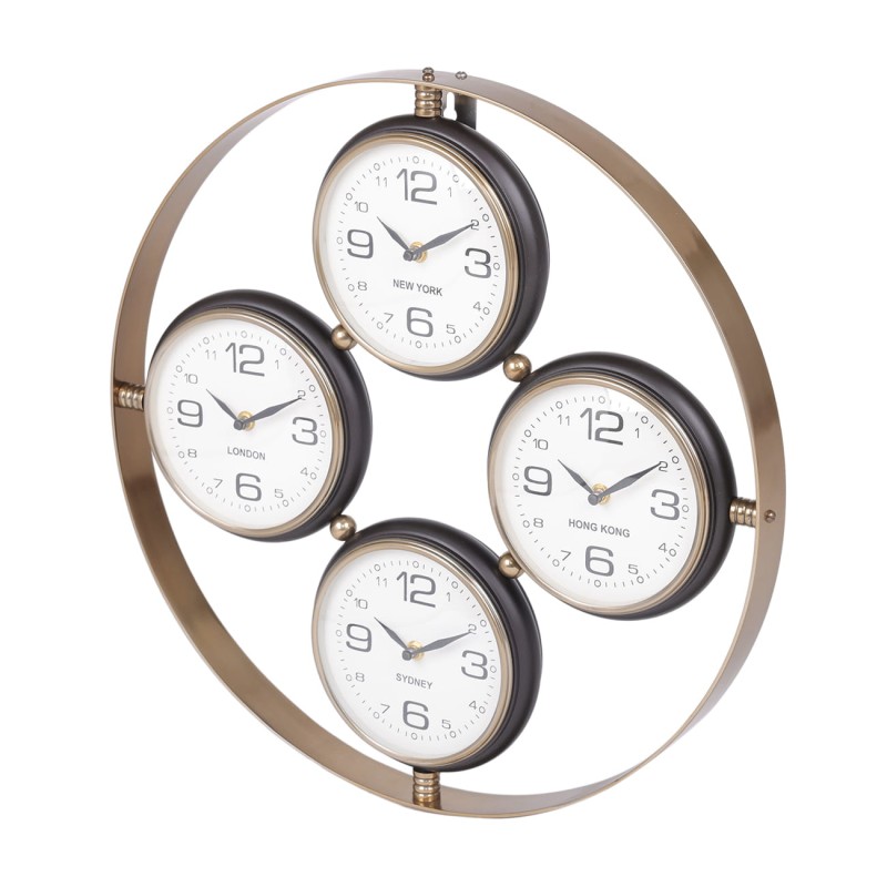 Round metal wall clock in dark brown gold and white