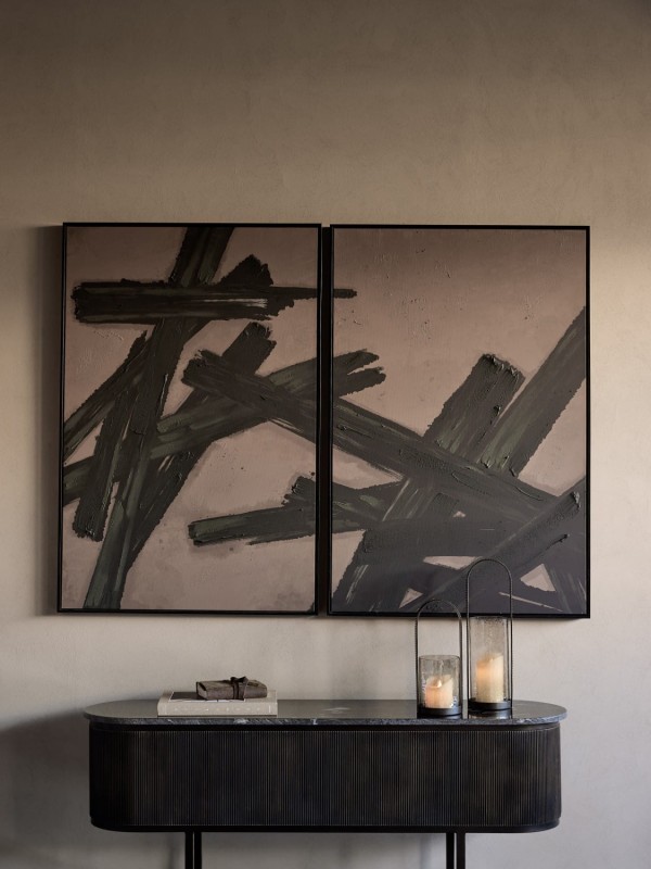 Two-panel Brush Taupe canvas in black frames