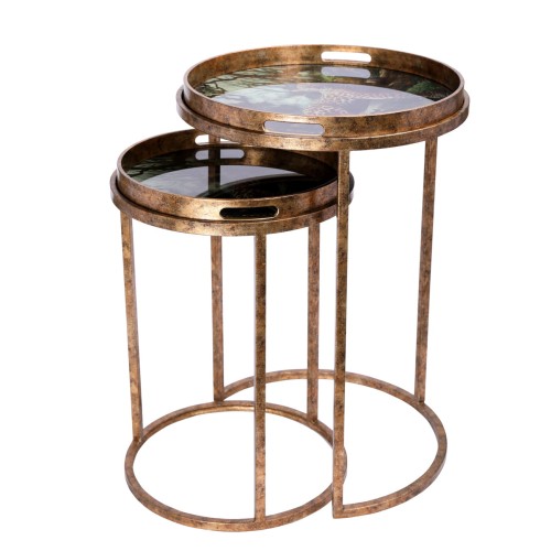 Set of Two Leopard Side Tables – Antique Gold Tables with Removable Tray Tops