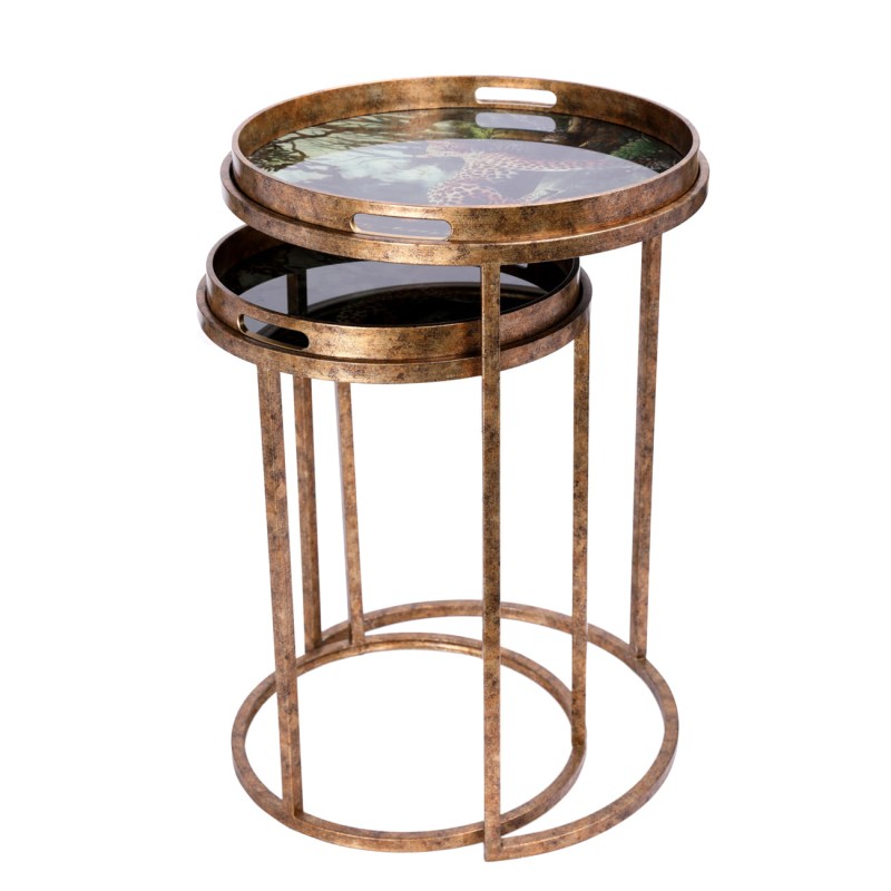 Leopard side tables with green tropical artwork