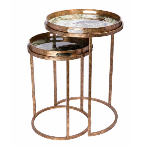 Set of Two Monkey Side Tables – Antique Gold Tables with Removable Tray Tops