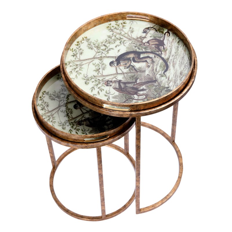 Monkey side tables with green botanical artwork