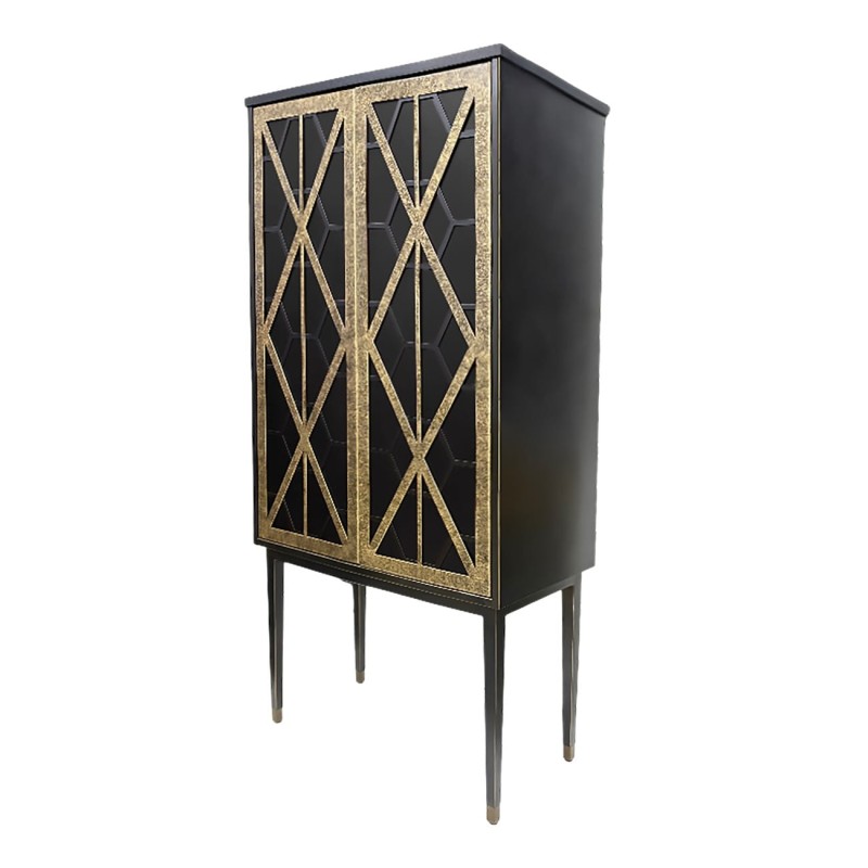 Black and gold home bar cabinet for a living room