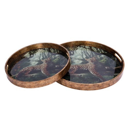 Set of Two Leopard Decorative Trays 45 cm – Antique Gold with Jungle Design