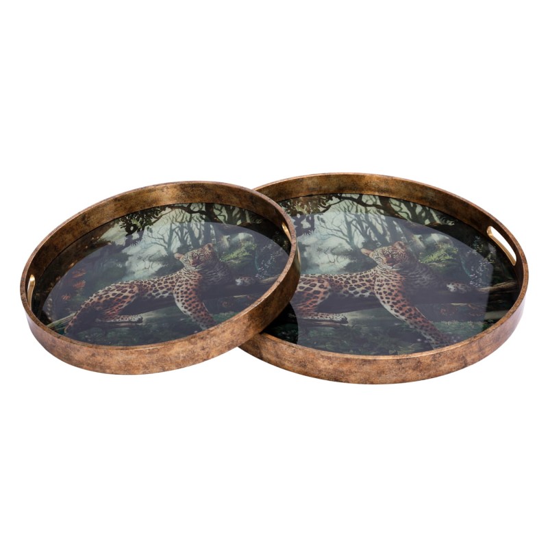 Set of two Leopard decorative trays in antique gold