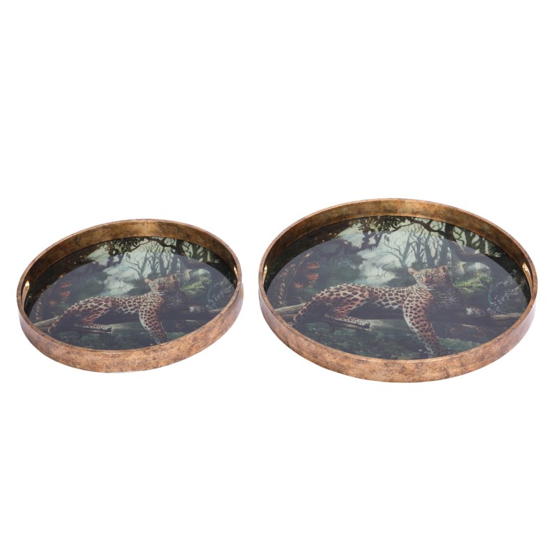 Round trays with a leopard and tropical foliage
