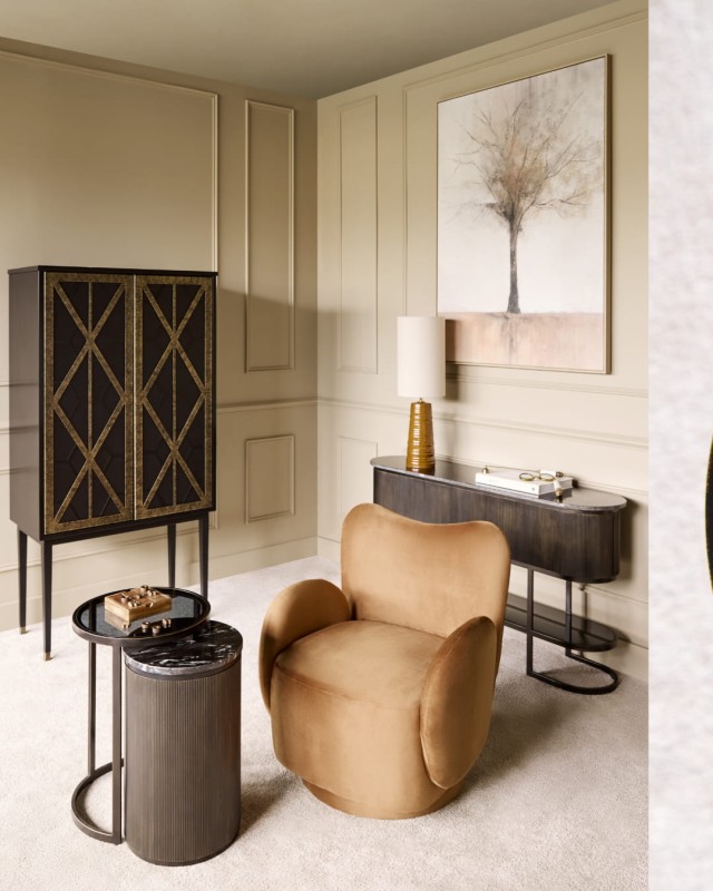 Tall mango wood home bar cabinet with geometric gold doors