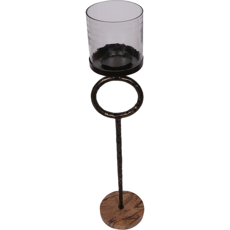Tall floor-standing candle holder with clear glass hurricane