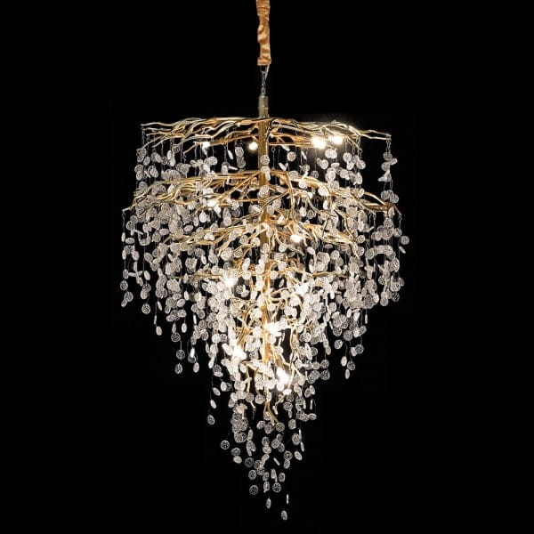 Large gold chandelier with transparent glass drops and aluminium frame