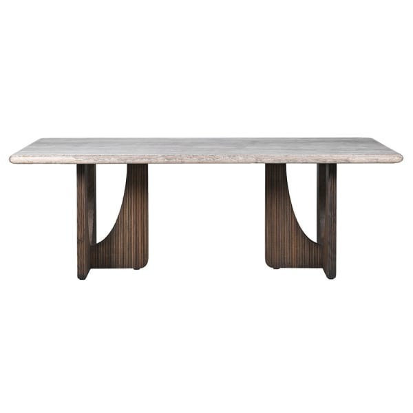 Large 220 cm Rectangular Dining Table – Grey Travertine Ash Top with Elegant Wooden Legs
