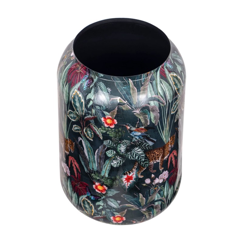 Iron plant pot cover with a leopard and tropical foliage