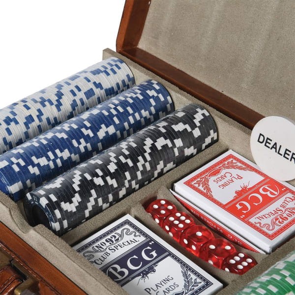Brown leather poker set for a luxury study or games room