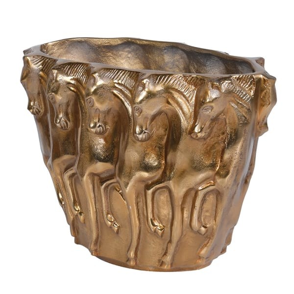Metal decorative vase with cast horse motif