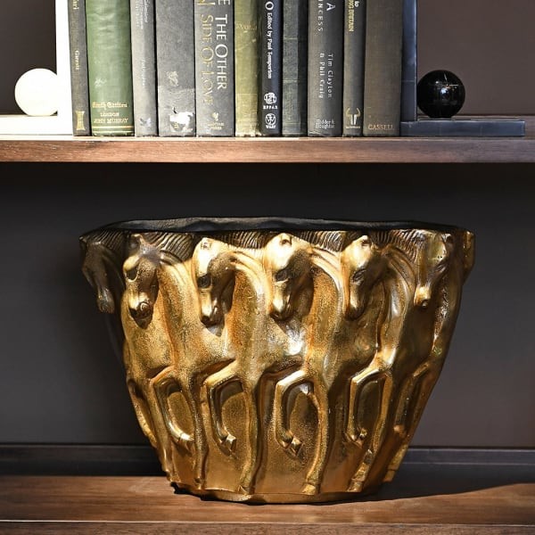 Metal decorative vase with cast horse motif