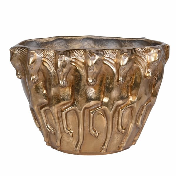 Metal decorative vase with cast horse motif