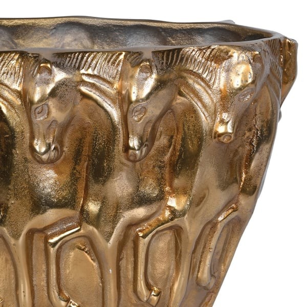 Metal decorative vase with cast horse motif