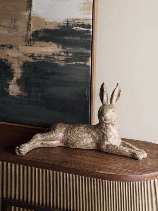 Lying Hare Sculpture – Rustic Resin Hare Ornament, 49 cm