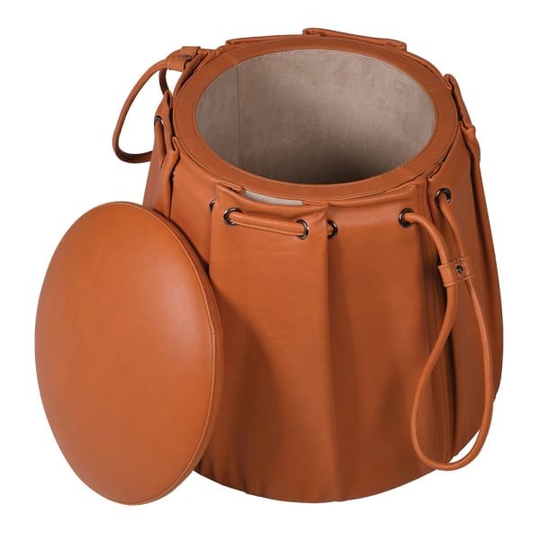 Elegant brown leather pouffe with decorative stitching and hidden storage
