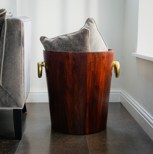 Oak Decorative Storage Vessel 55 cm – Wooden Container with Brass-Finish Handles