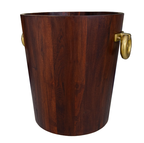 Wooden storage vessel with brass-finish handles