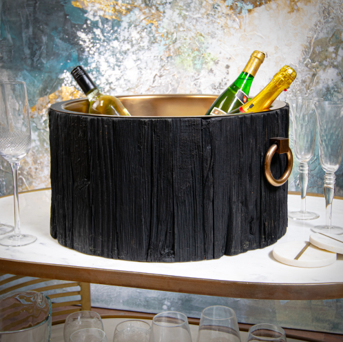 Koa Decorative Champagne Cooler 50 cm – Dark Wood Bottle Cooler with Brass Interior