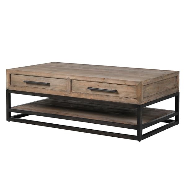 Portland Coffee Table with Drawers – Pine Wood & Black Iron Frame