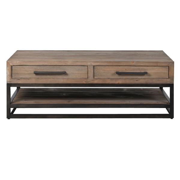 Wooden coffee table with drawers and black metal frame