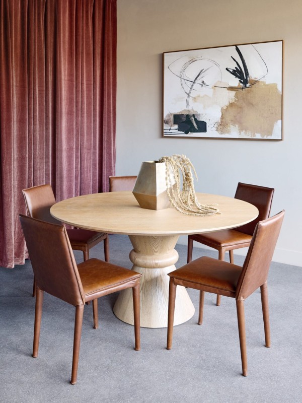 Brompton 150cm round dining table with a large wooden top and pedestal base