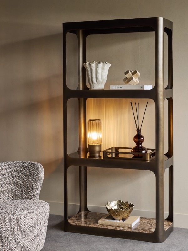 Kensington Marble shelving unit, 200 cm, with gold metal frame and glass and marble shelves