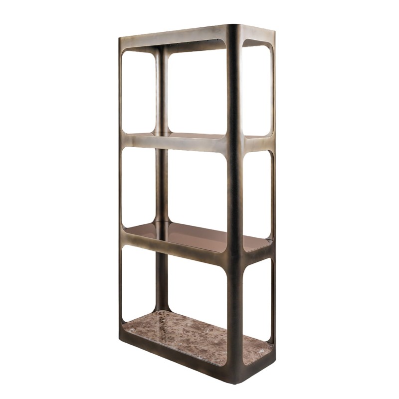 Kensington Marble shelving unit, 200 cm, with gold metal frame and glass and marble shelves