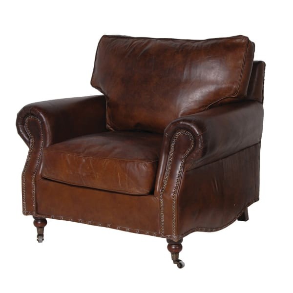 Vintage Brown leather armchair in natural brown leather with a vintage look