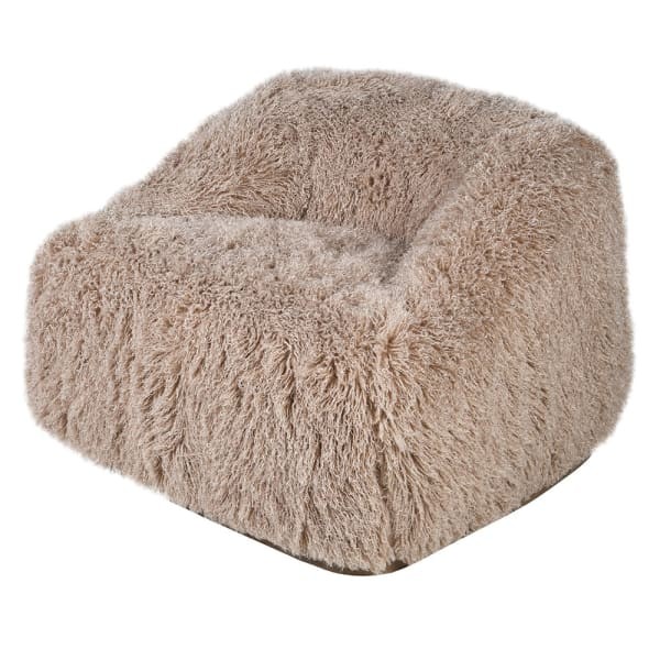 Lyall Fluffy armchair with a light upholstered seat, a distinctive curved shape and a wooden base