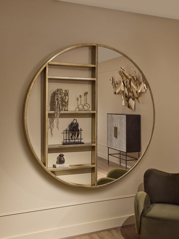 Primrose Large round gold wall shelf with mirror, 180 cm diameter