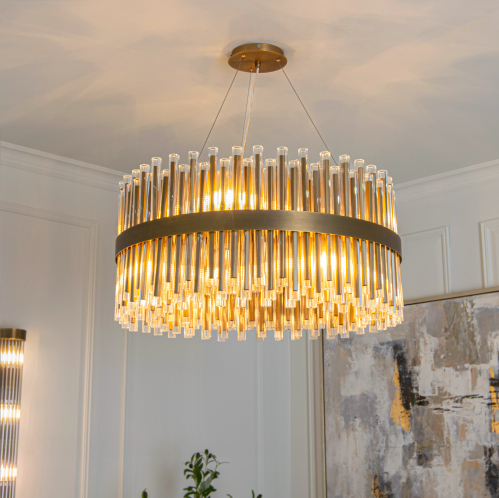 Colmar chandelier 80 cm diameter in antique gold with glass tubes pendant light