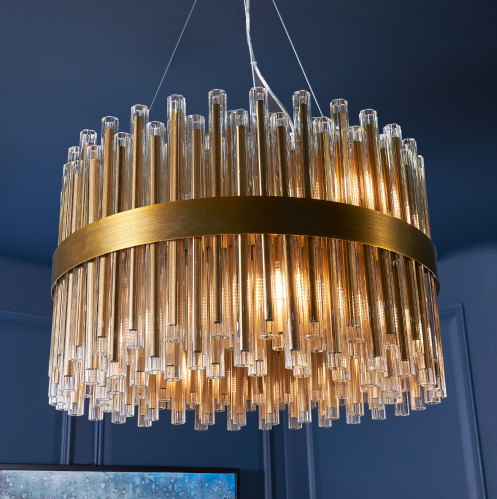 Colmar chandelier in antique gold with glass tubes, 60 cm diameter