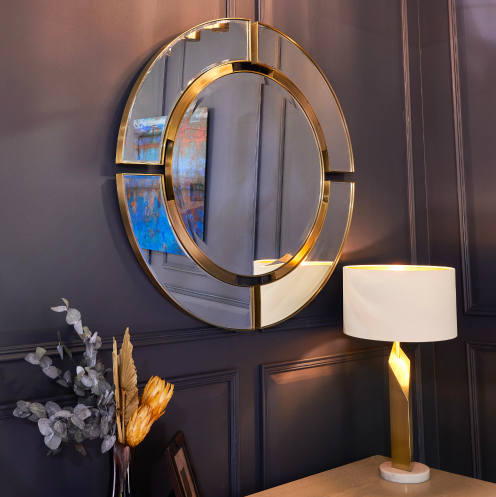Claridge 91 cm round Art Deco wall mirror with brass details – large decorative mirror