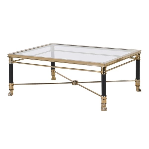 Foo rectangular glass coffee table with gold frame and black legs