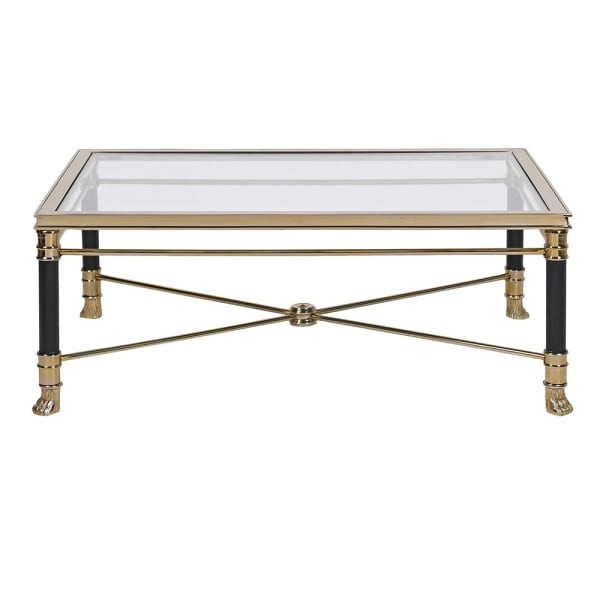 Foo gold and black glass coffee table with decorative lion-paw feet, front view