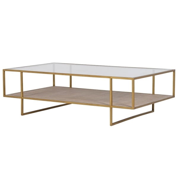 Gold coffee table with glass top and rattan-effect lower shelf