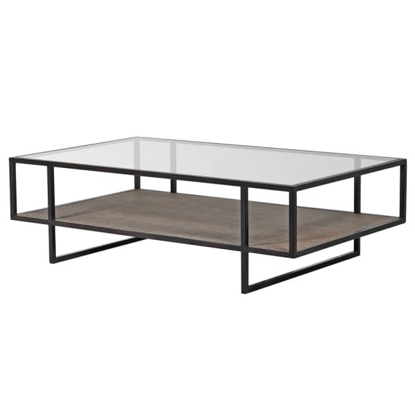 Lyall Rectangular Coffee Table 132 cm with Glass Top and Wicker Shelf