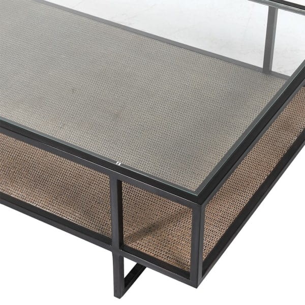Lyall Rectangular Coffee Table 132 cm with Glass Top and Wicker Shelf