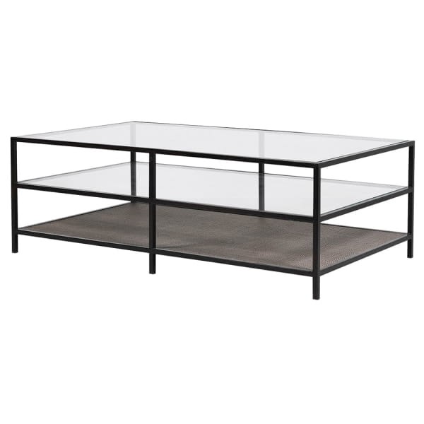 Modern glass coffee table with wicker shelf and black metal frame