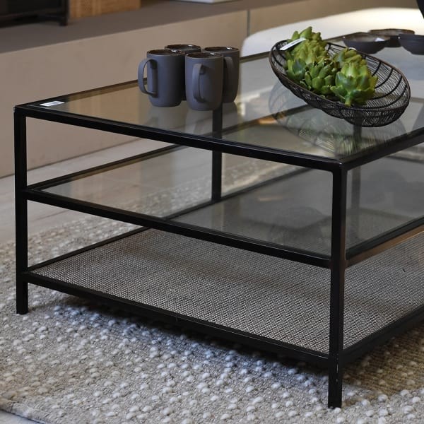 Lyall Double Coffee Table 140 cm with Glass Top and Wicker Shelf