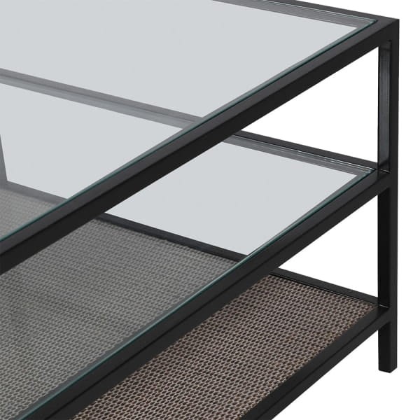 Glass coffee table 140 cm with decorative wicker lower shelf